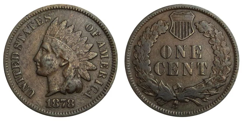 1878 Indian Head Penny obverse and reverse showing Liberty in feathered headdress and wreath reverse