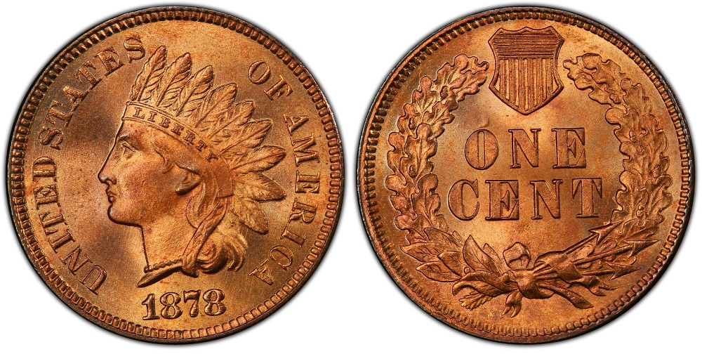1878 Indian Head Penny grading strip showing four condition tiers from Good to Mint State side by side